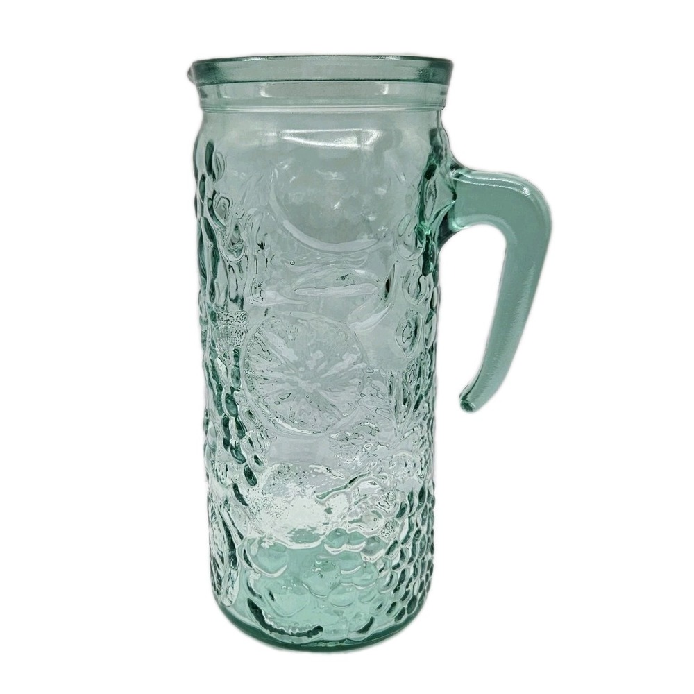 Vetreria‎ Etrusca Italy Green Glass Pitcher Embossed Fruit Grapes Citrus Relief